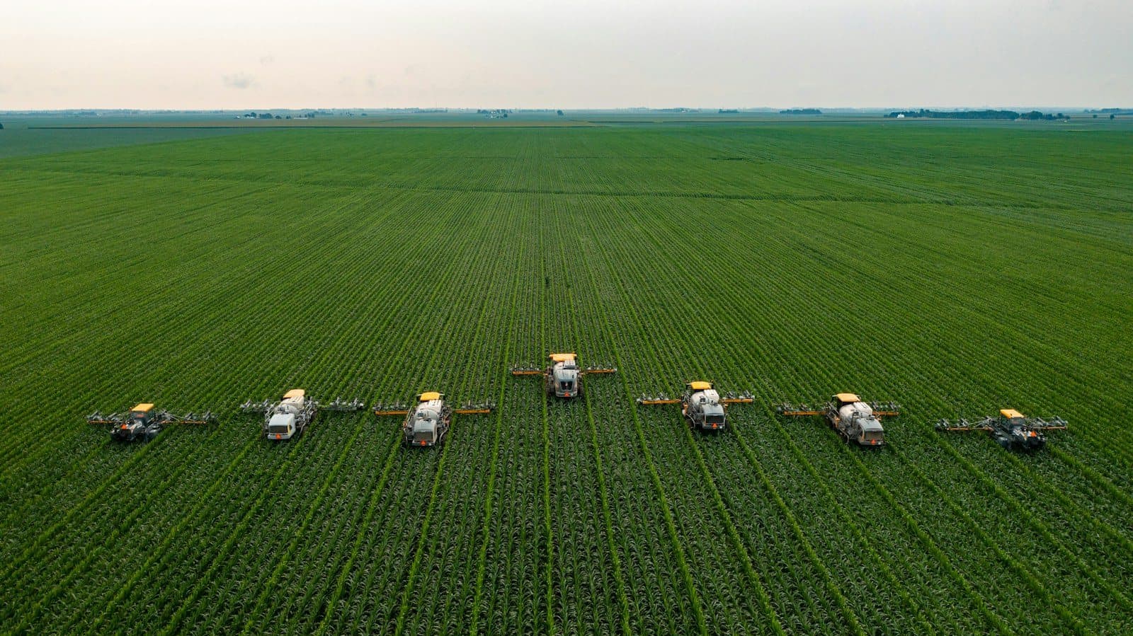 Aerial view of seven agricultural sprayers moving through a vast green corn field.
