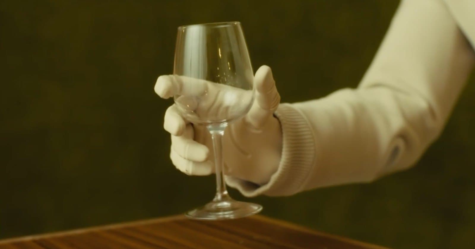 Close-up of NEO's fabric-covered robot hand holding a wine glass by the stem.