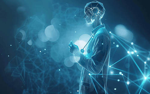 Abstract wireframe figure representing an AI system perceiving the world through data.