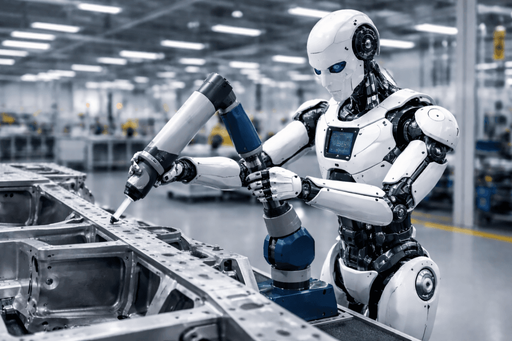 A humanoid robot assembling a metal chassis on a factory production line.