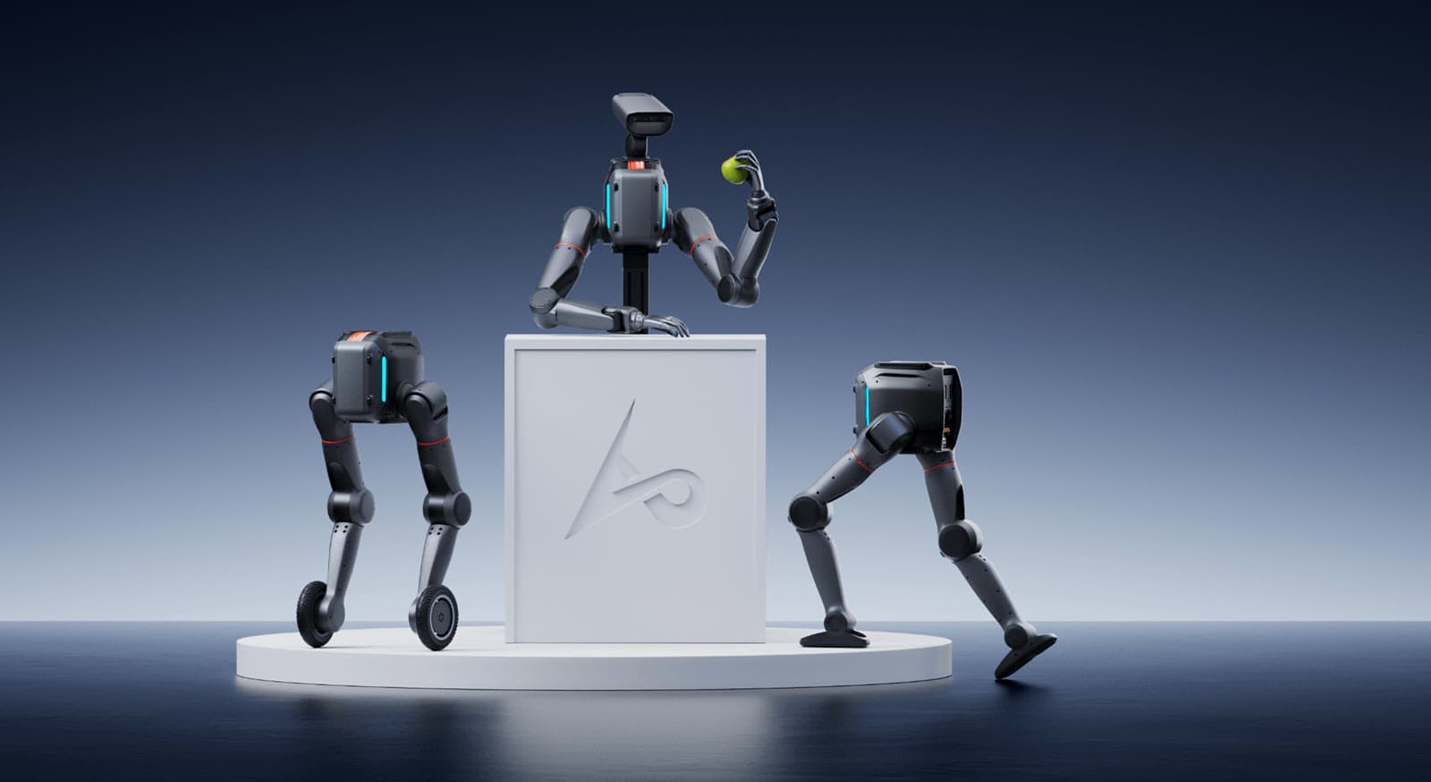 LimX Dynamics' TRON 2 shown in three configurations: wheeled, dual-arm on a stand, and bipedal.