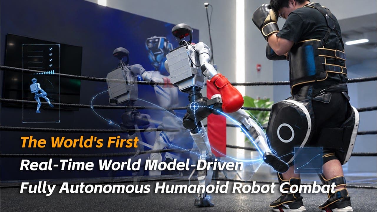 Unitree's title card for its autonomous sparring demo: a G1 humanoid in boxing gloves squaring up to a human trainer in a ring.