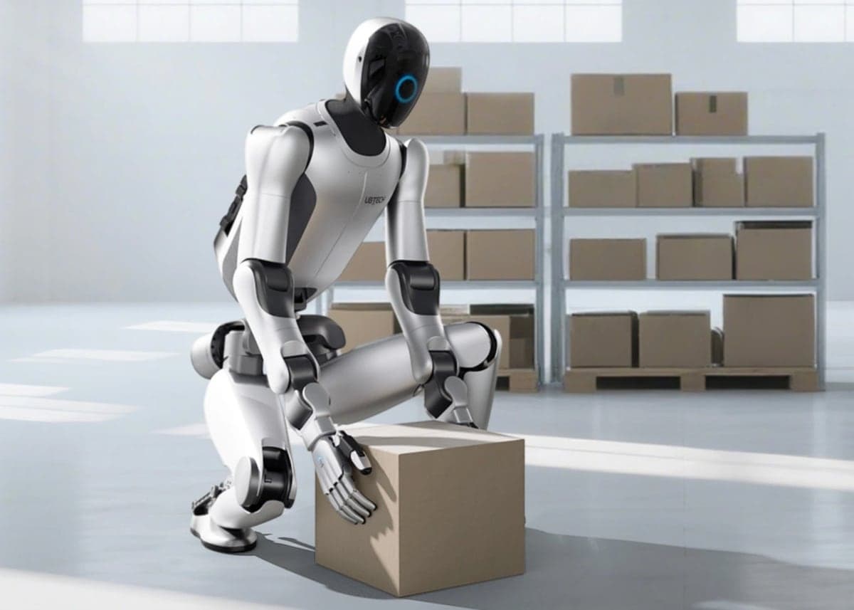 A white UBTECH Walker S humanoid crouching to lift a cardboard box in a bright warehouse, shelves of boxes behind it.