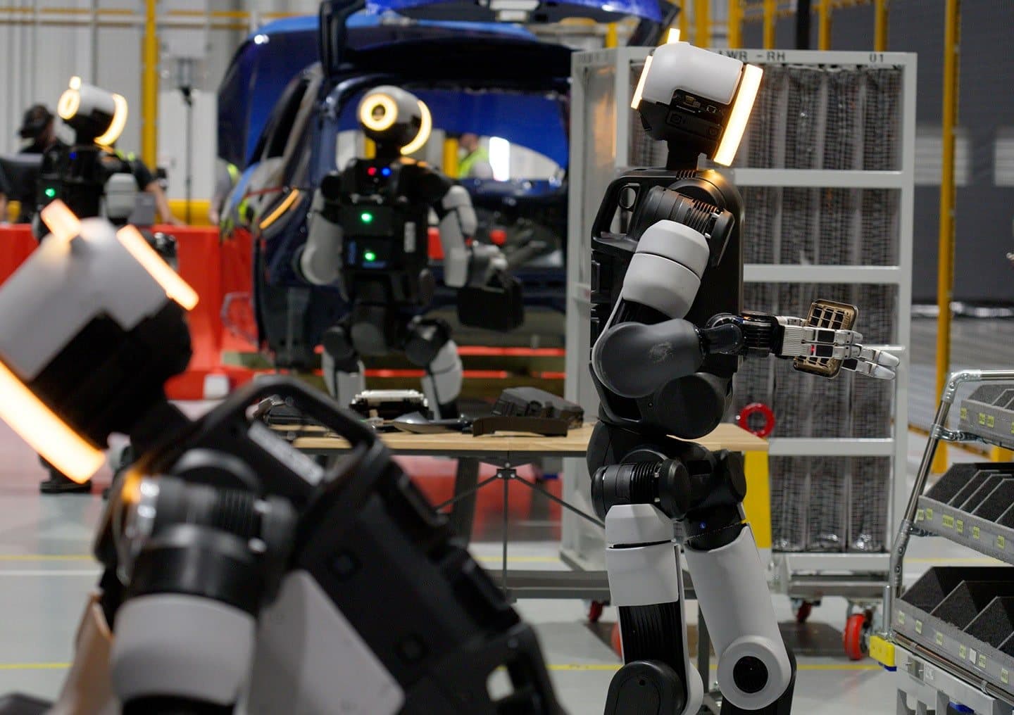 Boston Dynamics Atlas humanoid robots at the Robotics Metaplant Application Center inside Hyundai's Metaplant America.
