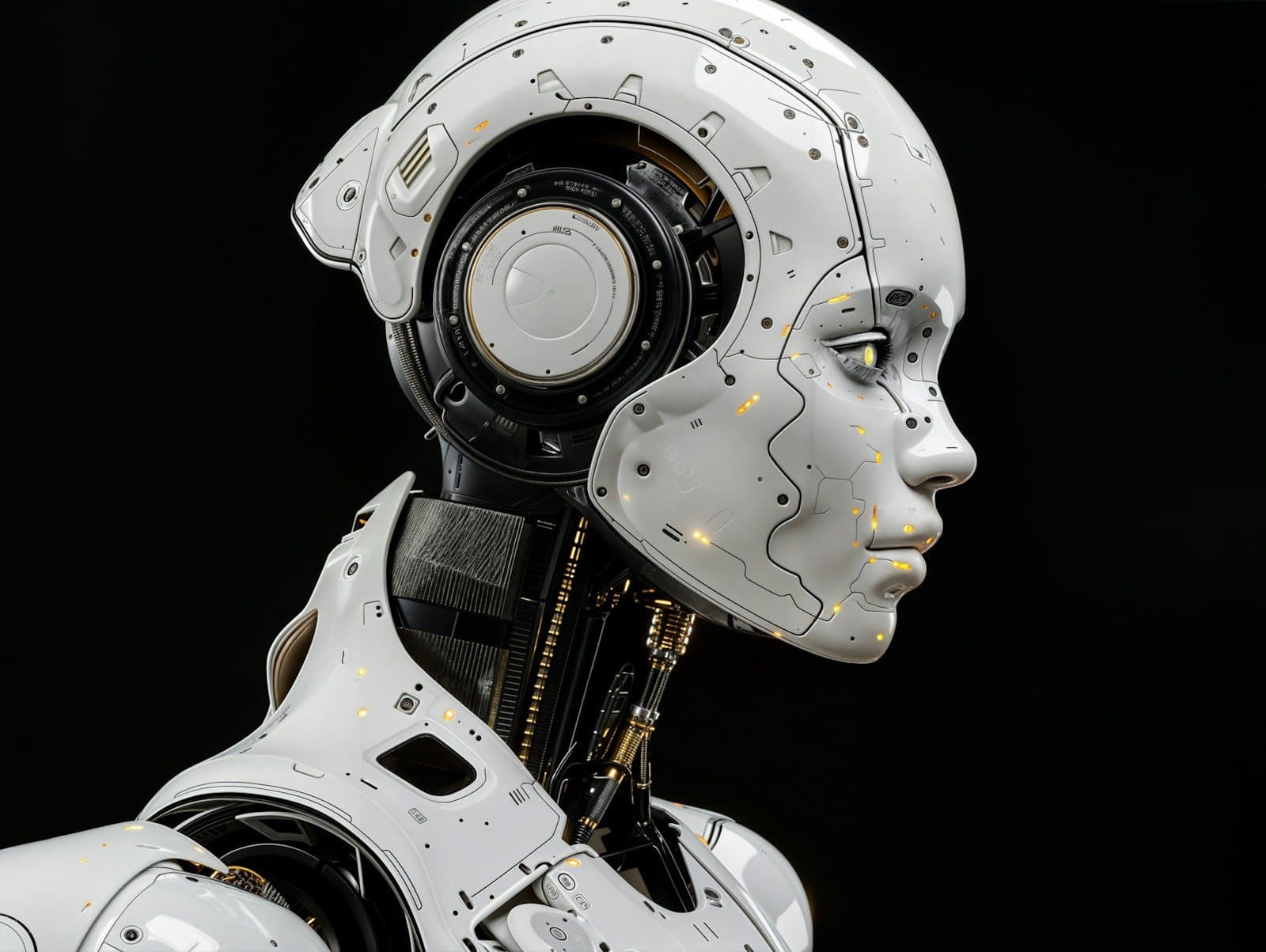 A white humanoid robot photographed in profile against a black background.