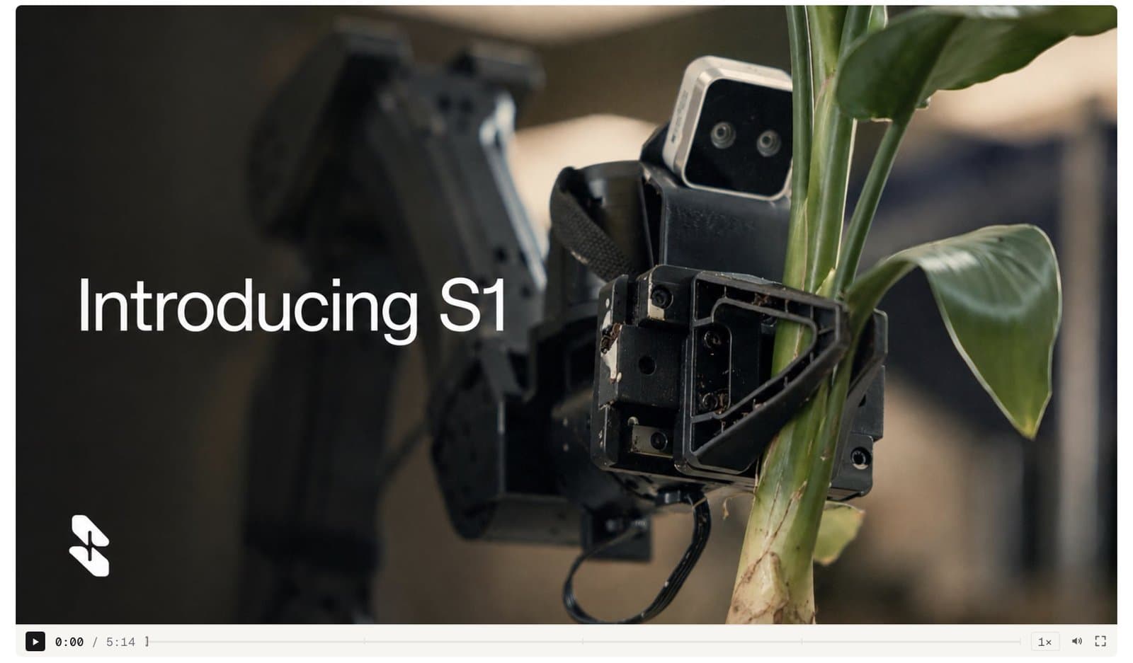 Skild AI's S1 robot gripper potting a plant, with an 'Introducing S1' title overlay.