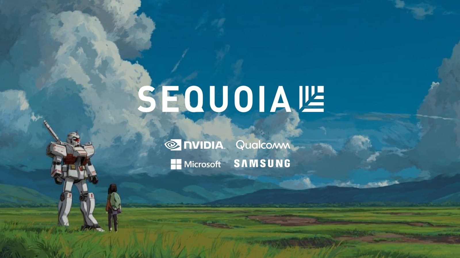 Mecka's funding announcement artwork: a painted robot and a child standing in a green field under a blue sky, with the logos of Sequoia, Nvidia, Qualcomm, Microsoft and Samsung.