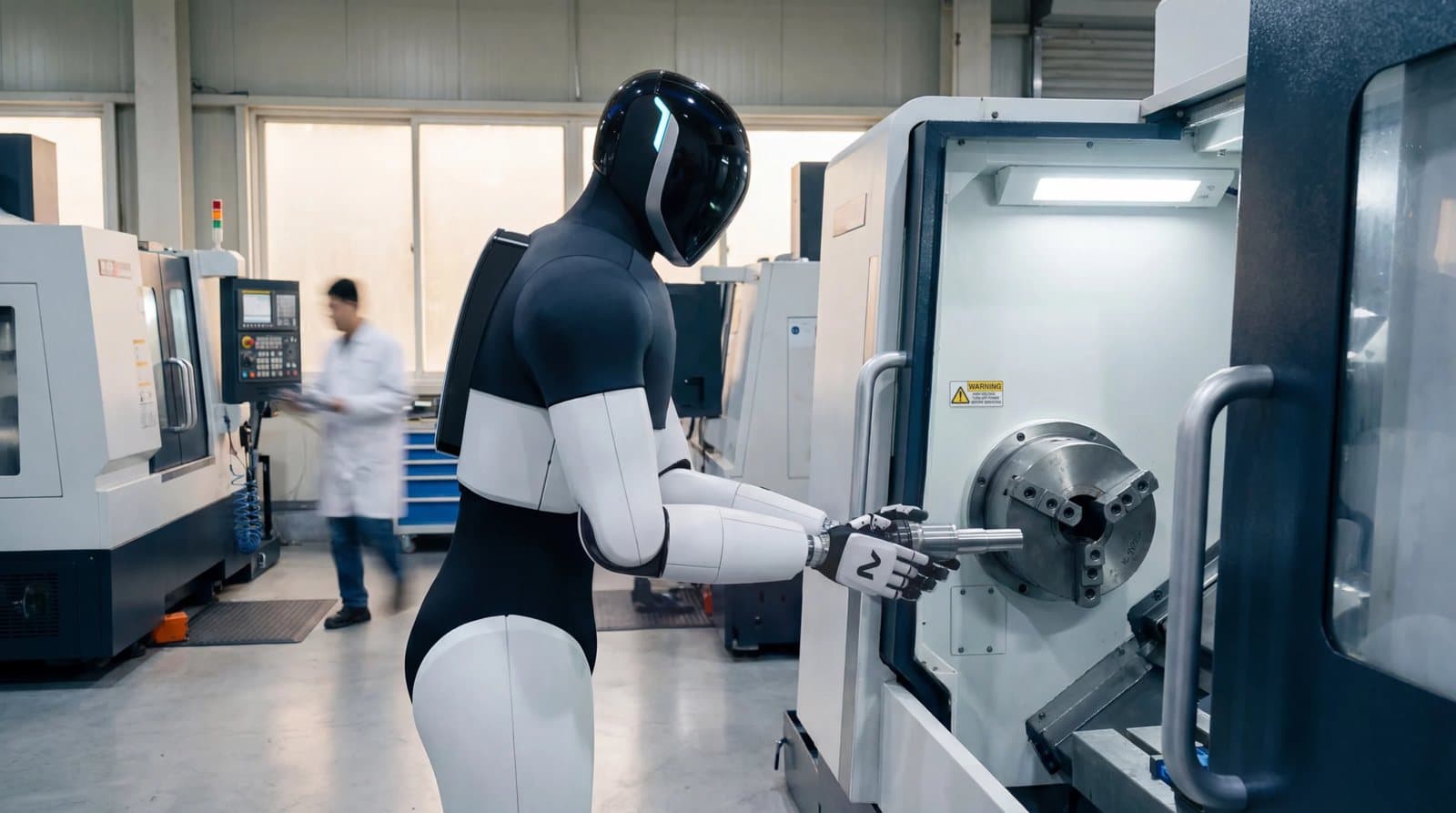 NEURA's black and white 4NE1 humanoid robot reaching into a lathe on a machine shop floor while a worker in a white coat walks past in the background.