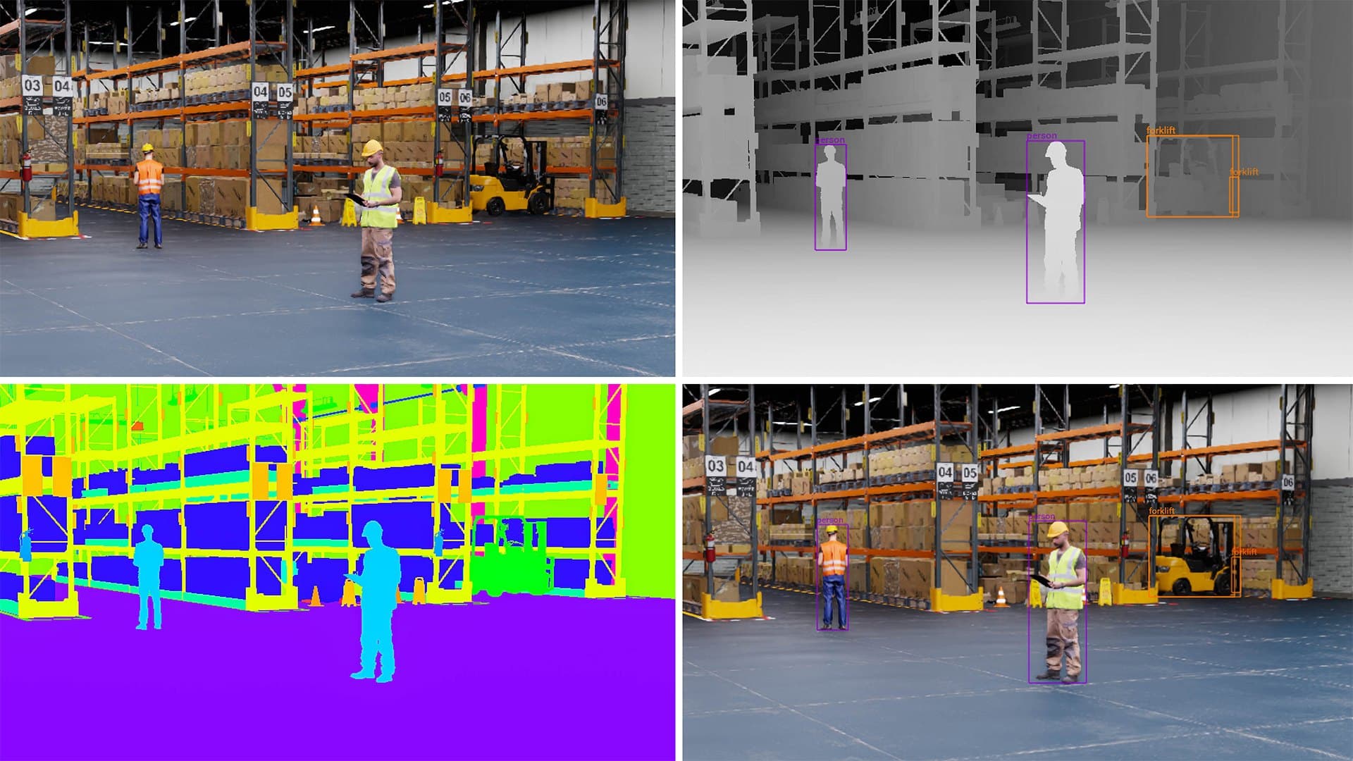 Four views of the same simulated warehouse with racks, a forklift and two workers in hi-vis vests: the rendered scene, a depth map, a color-coded segmentation map, and the scene with bounding boxes around the people and the forklift.