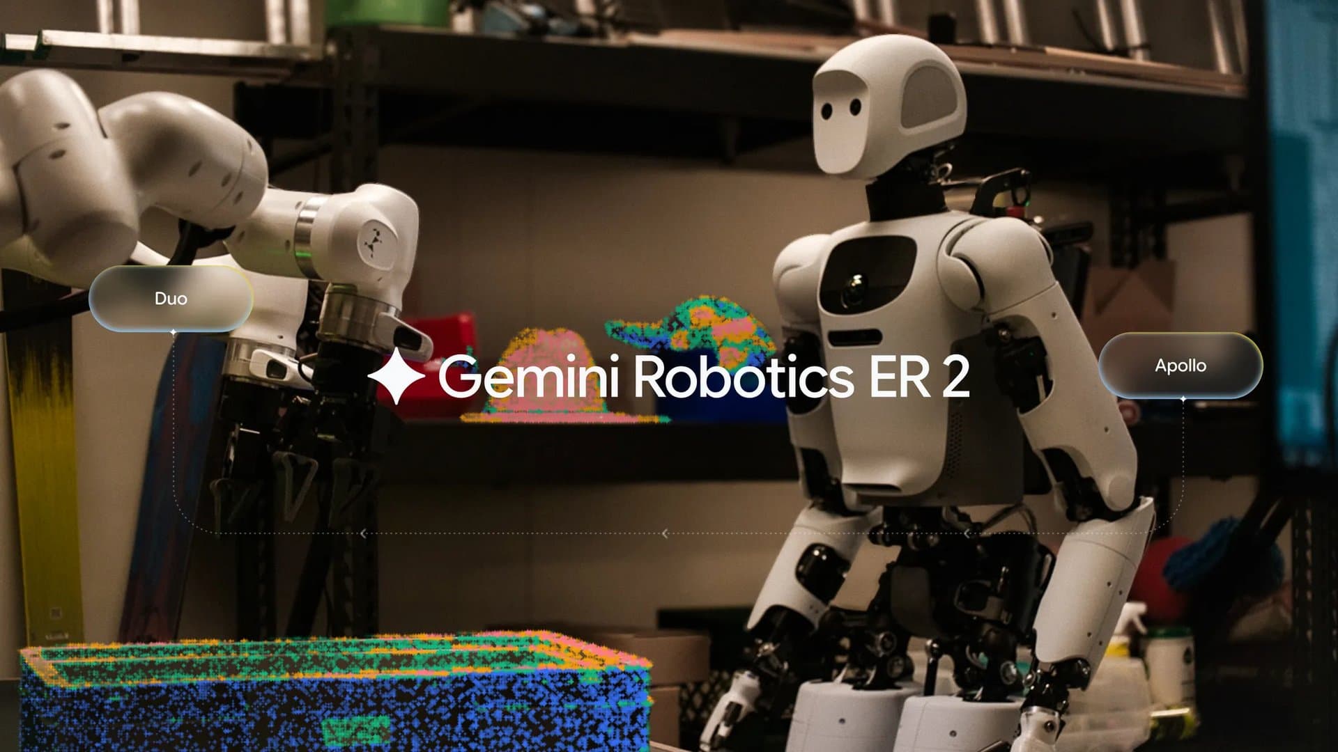 A two-armed robot labeled Duo and Apptronik's Apollo humanoid labeled Apollo in a workshop, with colored point-cloud overlays on a tray and on shelf objects, and the words Gemini Robotics ER 2 across the middle.