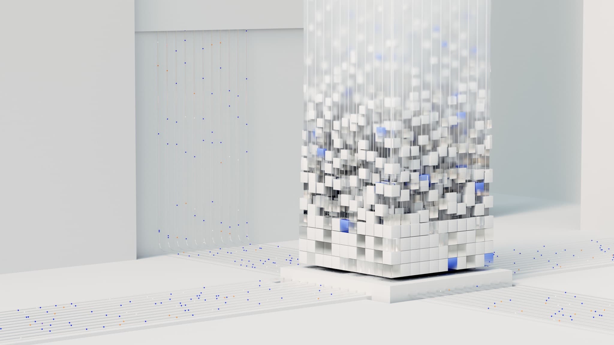 An abstract simulated environment of white and blue blocks resolving out of streams of data points.